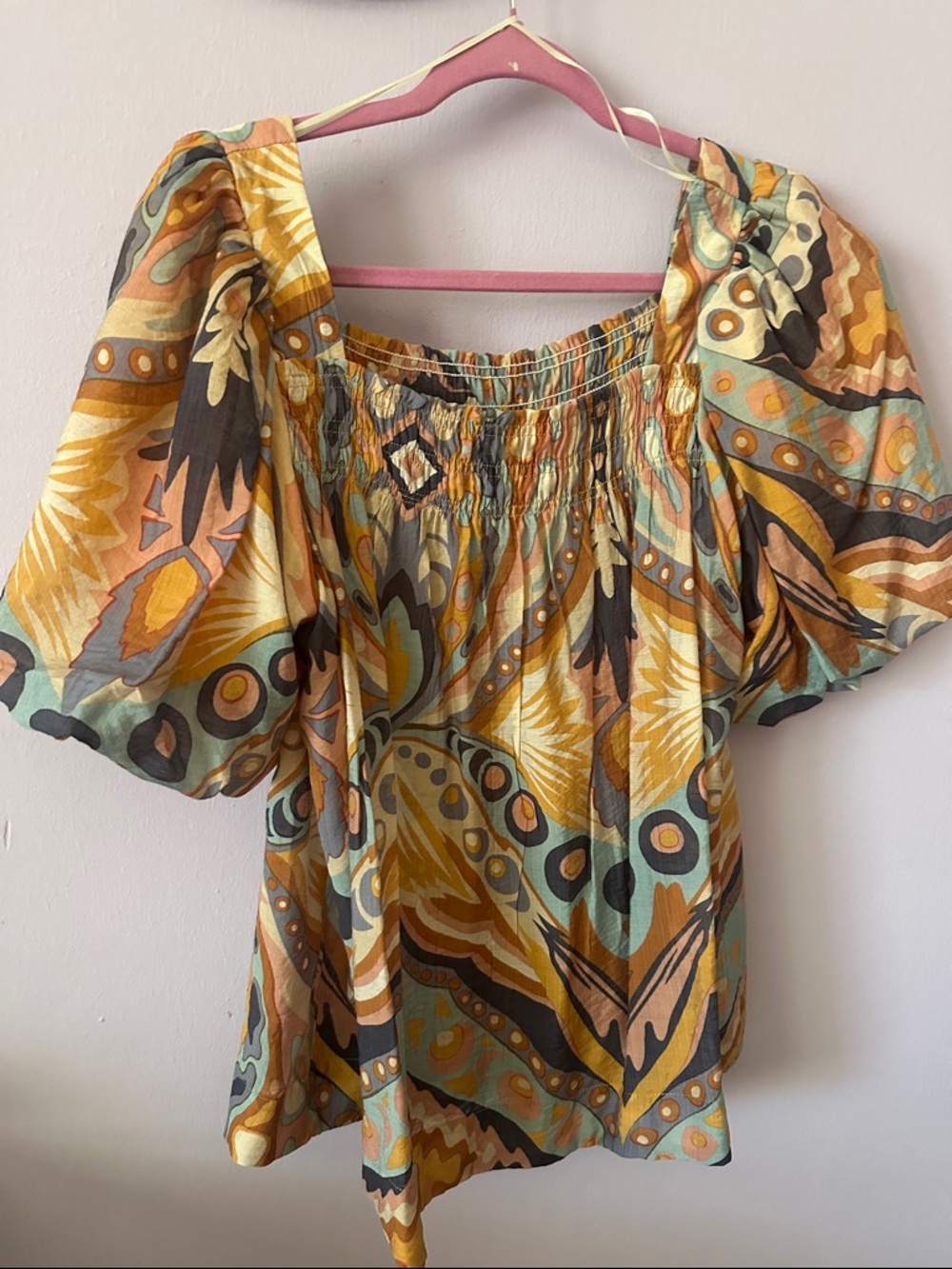 Umgee Multicolor Smocked Sleepwear Top in Blue, Brown, Cream & Tan - Picture 5 of 5